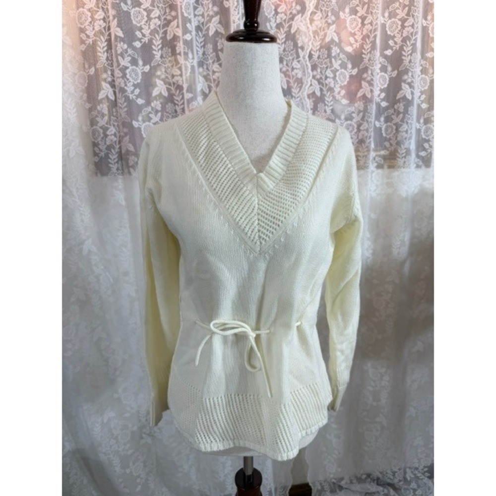 Vintage Fashion Import Cream V-Neck Pointelle Knit Sweater Drawstring Waist